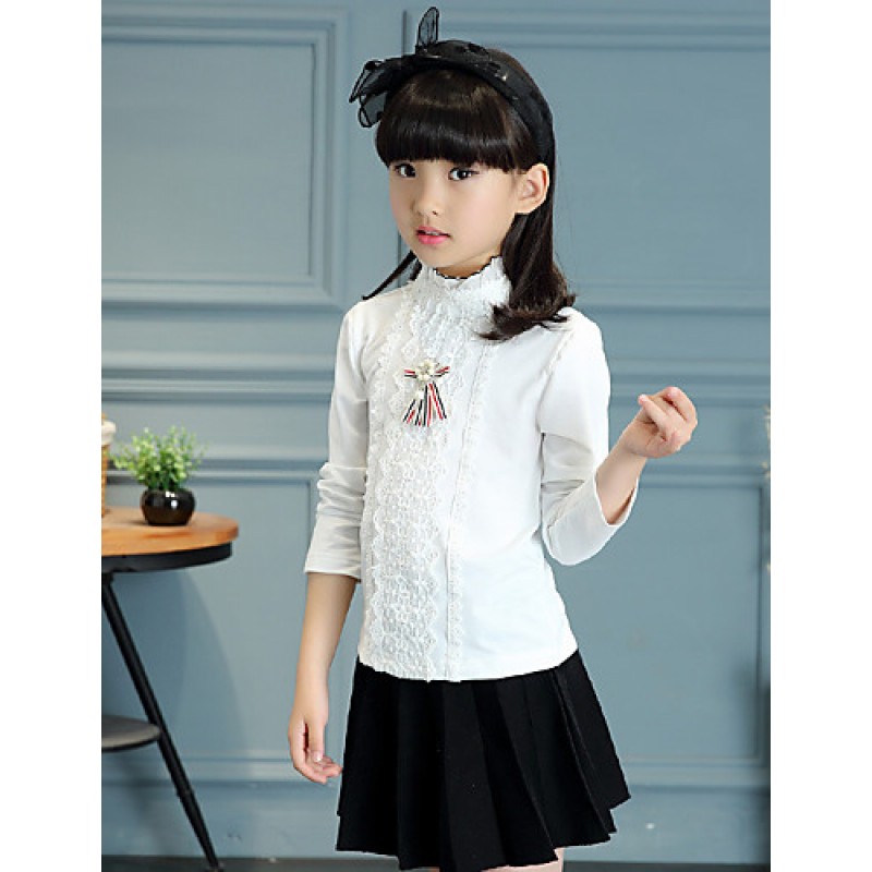 Girl's Cotton Spring/Autumn Fashion Solid Color Long Sleeve Ruffle Collar Lace Base Shirt Blouse Casual/Daily Clothes  